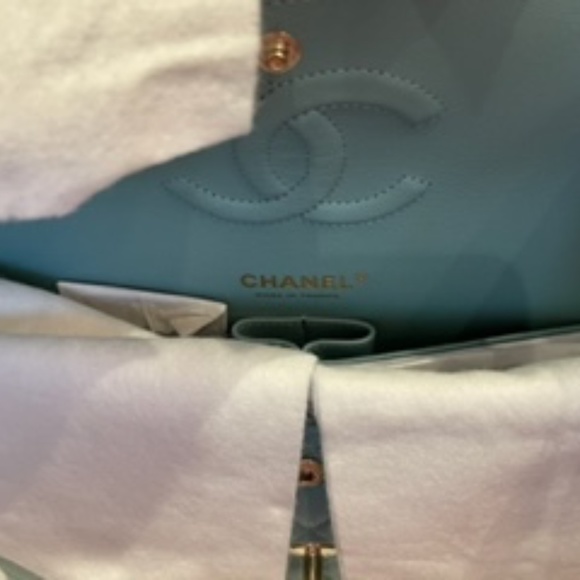 ❌SOLD!!!-❌ NWT! CHANEL Caviar Tiffany Blue Medium ClassicFlap/Champagne Hardware - Picture 10 of 13
